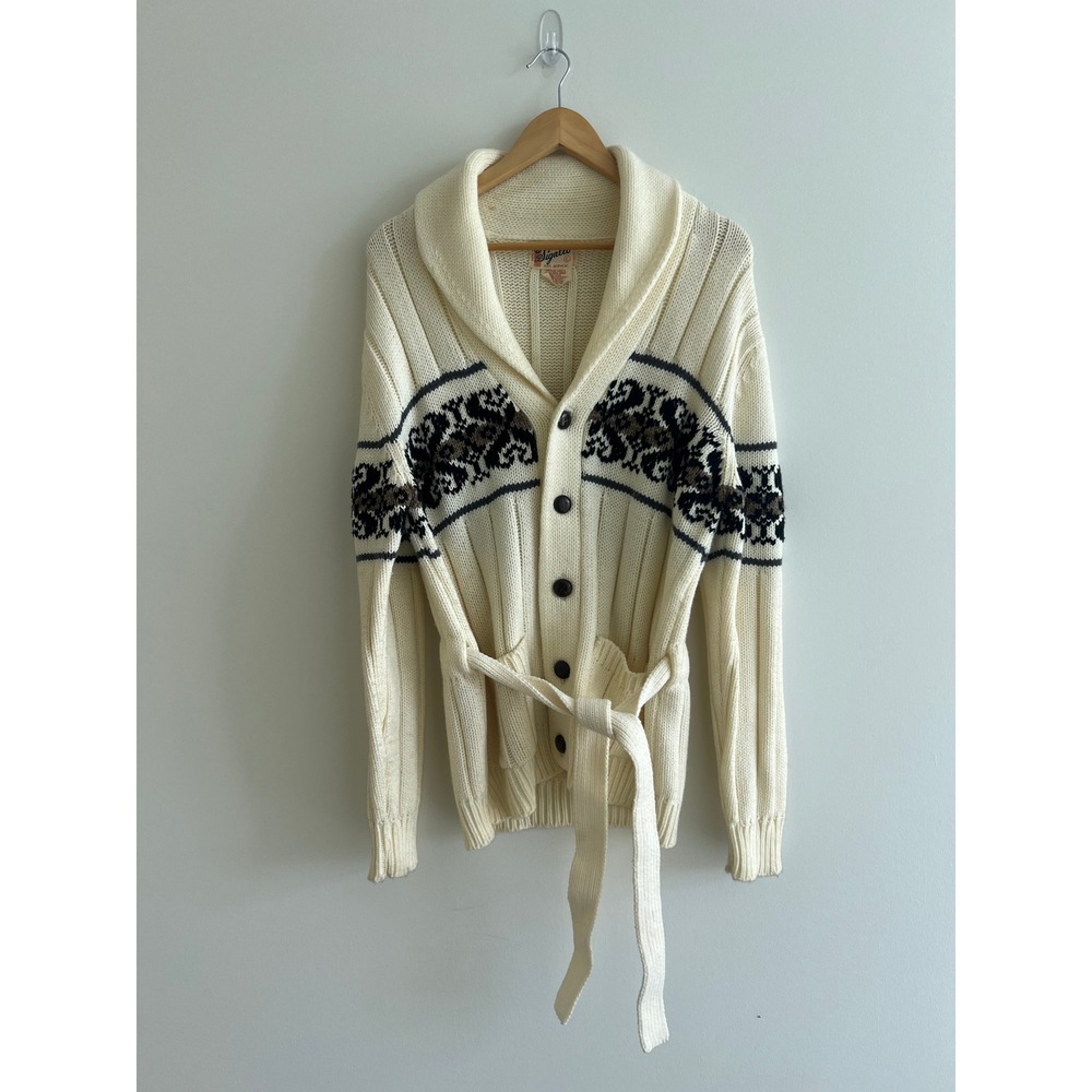 Vintage 70s Sigallo Shawl Collar Belted Cardigan‎ L Cream Intarsia Knit Nordic